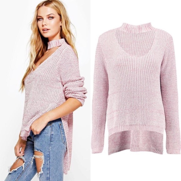 Boohoo Tops - Boohoo Pink Marled Choker Neck Hi Low Sweater